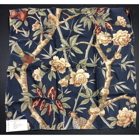 Lee Jofa Fabric CEYLON Indigo Blue Linen Birds Floral New Remnant Navy Tan - Picture 1 of 7
